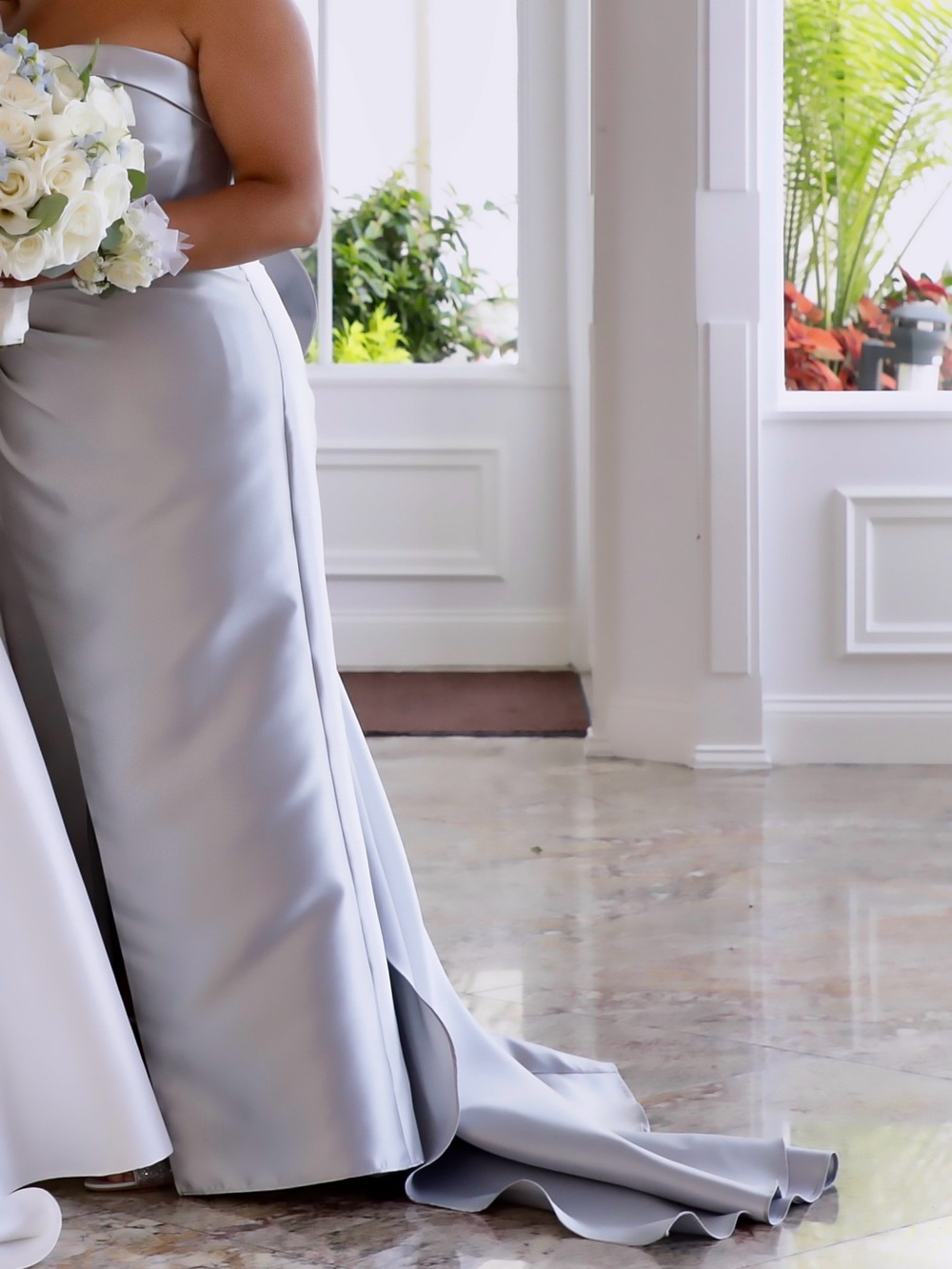 Montage by Mon Cheri Silver Strapless Satin Gown with Floral Appliqué MofBride